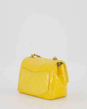 Chanel Yellow Mini Square Classic Flap Bag in Quilted Patent Leather with Silver Hardware