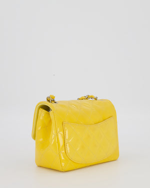 Chanel Yellow Mini Square Classic Flap Bag in Quilted Patent Leather with Silver Hardware