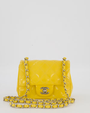 Chanel Yellow Mini Square Classic Flap Bag in Quilted Patent Leather with Silver Hardware