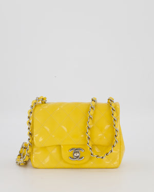 Chanel Yellow Mini Square Classic Flap Bag in Quilted Patent Leather with Silver Hardware