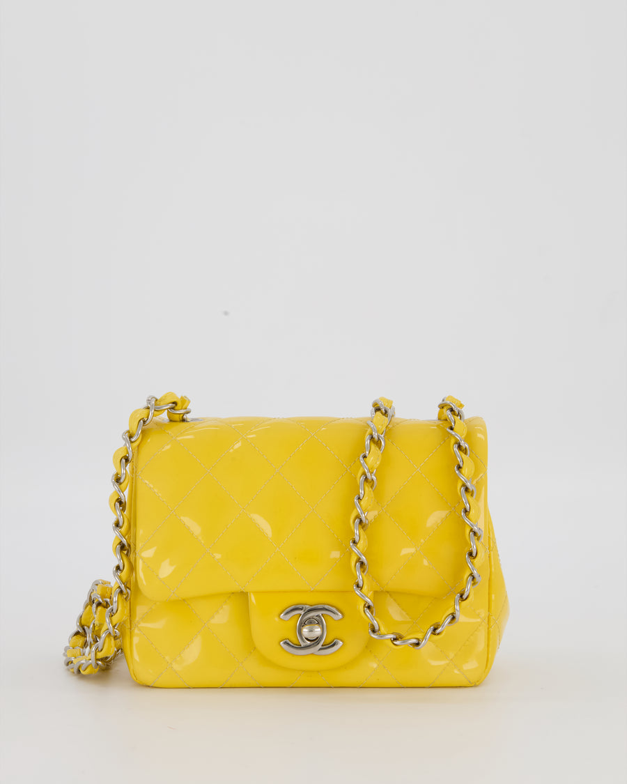 Chanel Yellow Mini Square Classic Flap Bag in Quilted Patent Leather with Silver Hardware