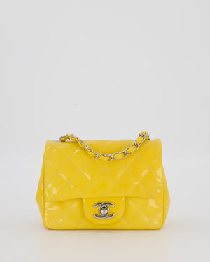 Chanel Yellow Mini Square Classic Flap Bag in Quilted Patent Leather with Silver Hardware