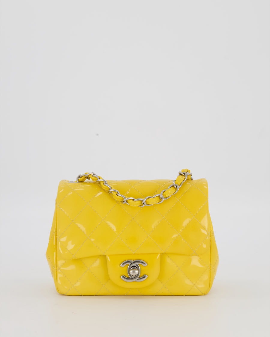 Chanel Yellow Mini Square Classic Flap Bag in Quilted Patent Leather with Silver Hardware