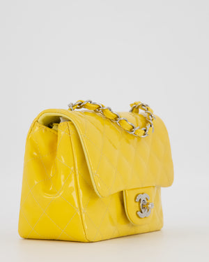 Chanel Yellow Mini Square Classic Flap Bag in Quilted Patent Leather with Silver Hardware