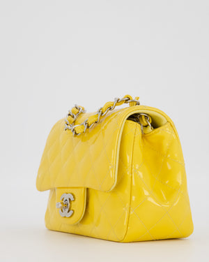 Chanel Yellow Mini Square Classic Flap Bag in Quilted Patent Leather with Silver Hardware