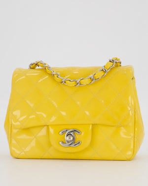 Chanel Yellow Mini Square Classic Flap Bag in Quilted Patent Leather with Silver Hardware