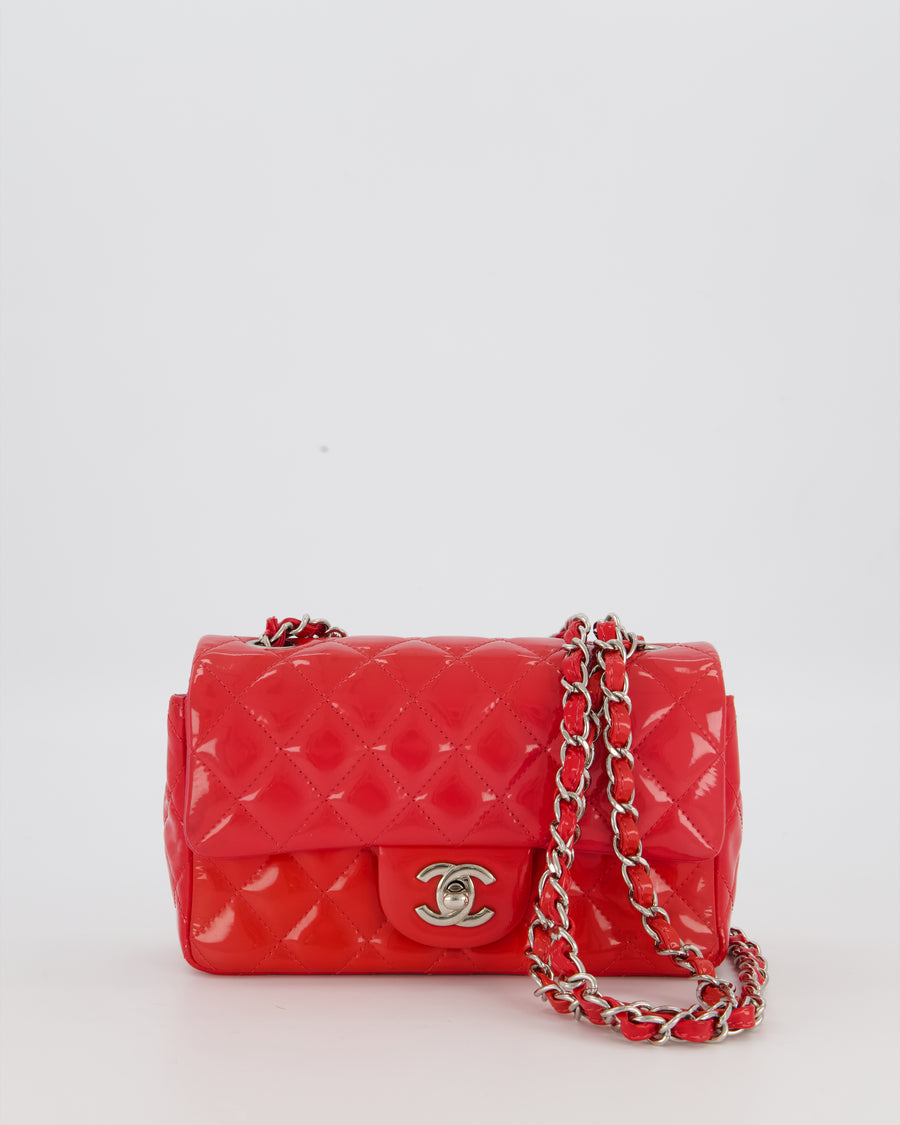 Chanel Dark Pink Mini Rectangular Flap Bag in Patent Leather with Silver Hardware
