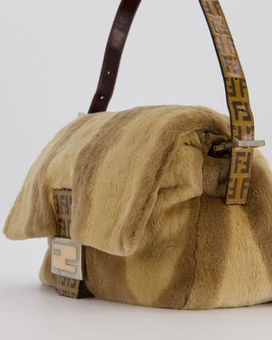 Fendi Vintage Medium Mamma Baguette Bag in Beige Rabbit Fur with Silver Hardware & Brown FF Strap