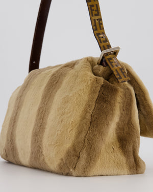 Fendi Vintage Medium Mamma Baguette Bag in Beige Rabbit Fur with Silver Hardware & Brown FF Strap