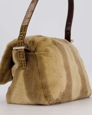 Fendi Vintage Medium Mamma Baguette Bag in Beige Rabbit Fur with Silver Hardware & Brown FF Strap