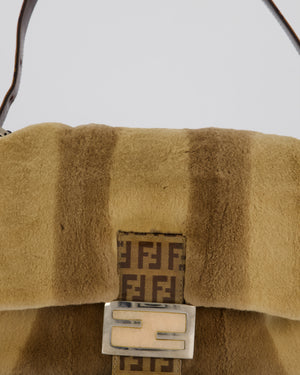 Fendi Vintage Medium Mamma Baguette Bag in Beige Rabbit Fur with Silver Hardware & Brown FF Strap