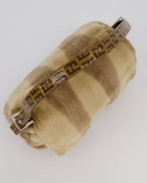 Fendi Vintage Medium Mamma Baguette Bag in Beige Rabbit Fur with Silver Hardware & Brown FF Strap