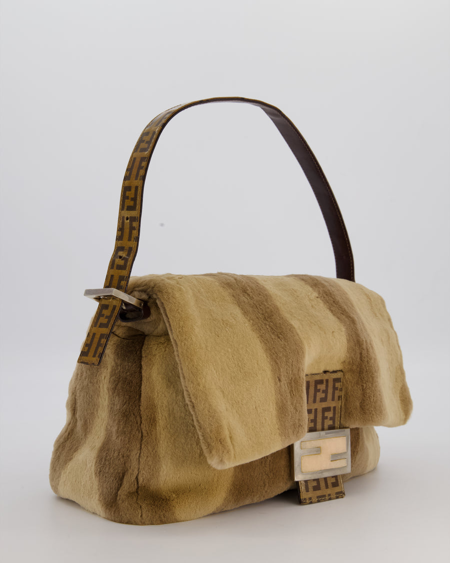 Fendi Vintage Medium Mamma Baguette Bag in Beige Rabbit Fur with Silver Hardware & Brown FF Strap