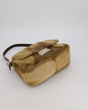 Fendi Vintage Medium Mamma Baguette Bag in Beige Rabbit Fur with Silver Hardware & Brown FF Strap