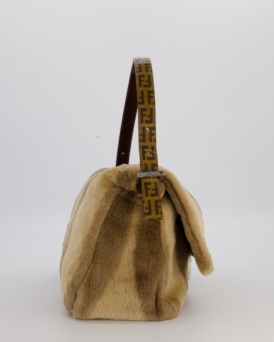 Fendi Vintage Medium Mamma Baguette Bag in Beige Rabbit Fur with Silver Hardware & Brown FF Strap