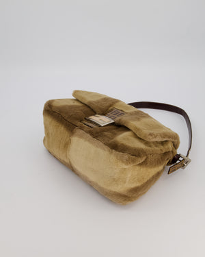 Fendi Vintage Medium Mamma Baguette Bag in Beige Rabbit Fur with Silver Hardware & Brown FF Strap