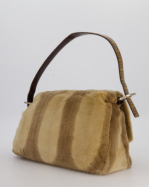 Fendi Vintage Medium Mamma Baguette Bag in Beige Rabbit Fur with Silver Hardware & Brown FF Strap