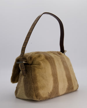 Fendi Vintage Medium Mamma Baguette Bag in Beige Rabbit Fur with Silver Hardware & Brown FF Strap