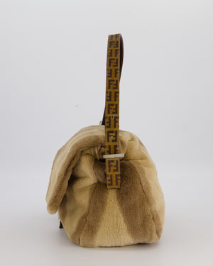 Fendi Vintage Medium Mamma Baguette Bag in Beige Rabbit Fur with Silver Hardware & Brown FF Strap