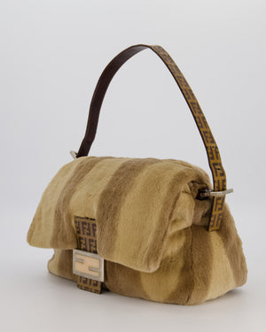 Fendi Vintage Medium Mamma Baguette Bag in Beige Rabbit Fur with Silver Hardware & Brown FF Strap
