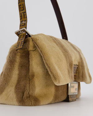 Fendi Vintage Medium Mamma Baguette Bag in Beige Rabbit Fur with Silver Hardware & Brown FF Strap