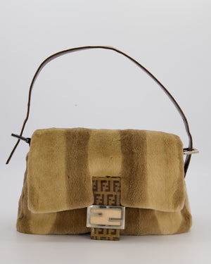 Fendi Vintage Medium Mamma Baguette Bag in Beige Rabbit Fur with Silver Hardware & Brown FF Strap