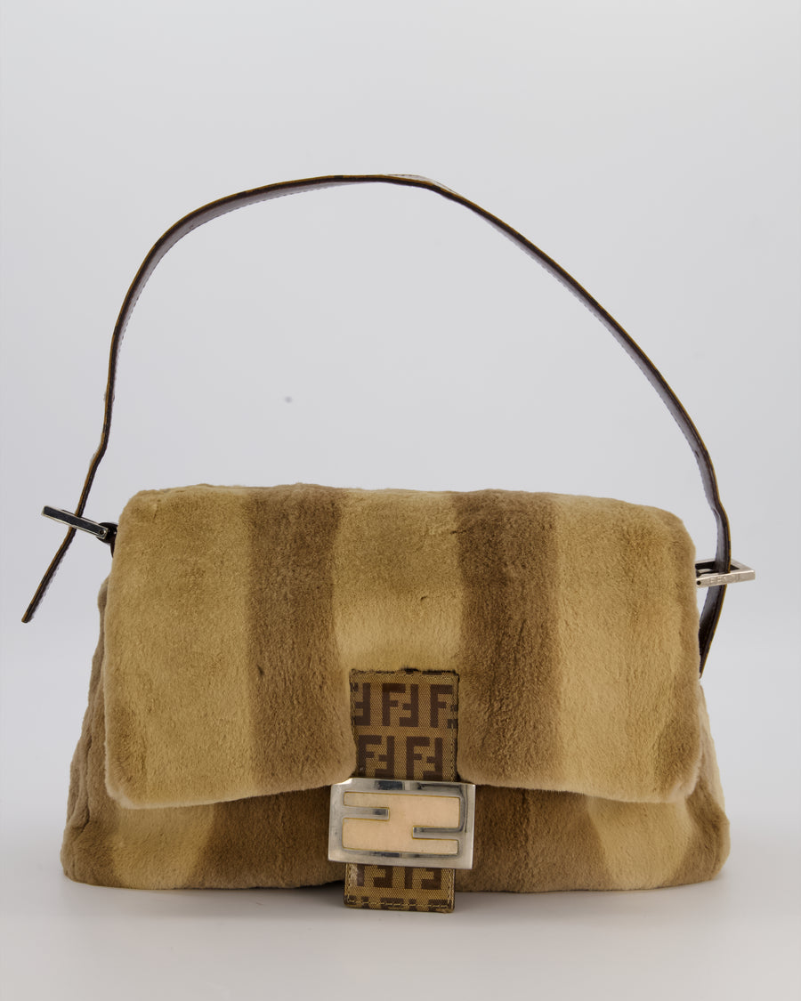 Fendi Vintage Medium Mamma Baguette Bag in Beige Rabbit Fur with Silver Hardware & Brown FF Strap