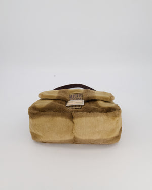 Fendi Vintage Medium Mamma Baguette Bag in Beige Rabbit Fur with Silver Hardware & Brown FF Strap