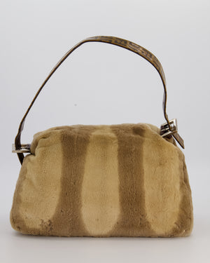 Fendi Vintage Medium Mamma Baguette Bag in Beige Rabbit Fur with Silver Hardware & Brown FF Strap