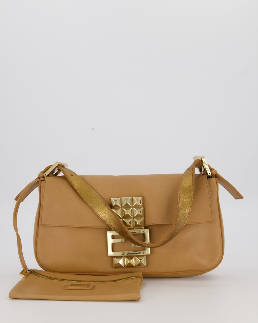 Fendi Vintage Baguette Bag in Beige Lambskin Leather with Gold Studded Hardware