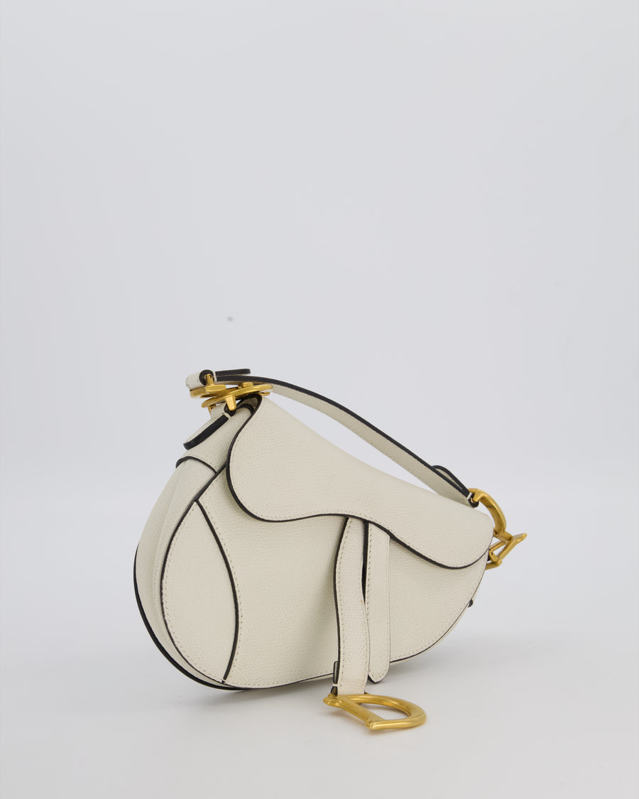Christian Dior Cream Small Saddle Bag in Grain Calfskin Leather with Antique Gold Hardware