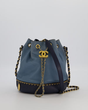 Chanel Sky Blue & Navy Drawstring Bucket Bag in Lambskin Leather with Brushed Gold Hardware & CC Detail