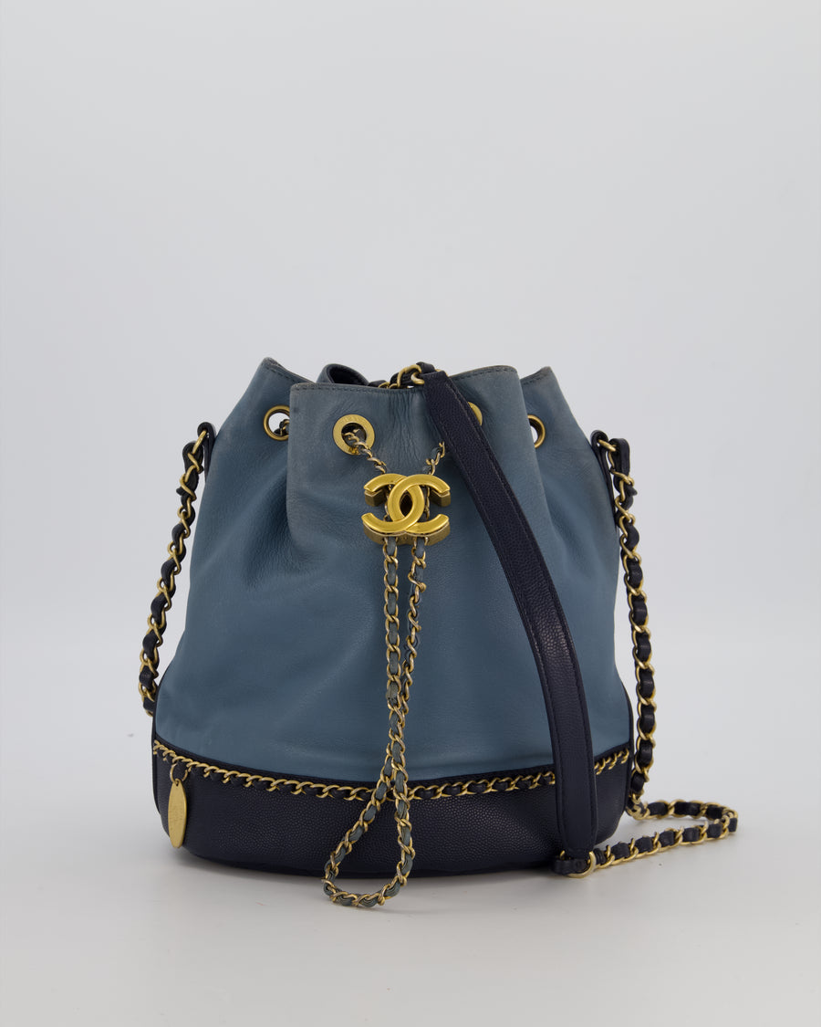 Chanel Sky Blue & Navy Drawstring Bucket Bag in Lambskin Leather with Brushed Gold Hardware & CC Detail