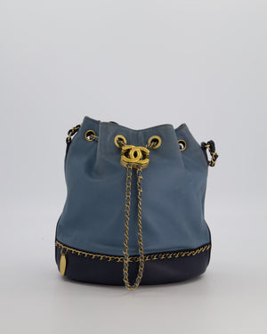 Chanel Sky Blue & Navy Drawstring Bucket Bag in Lambskin Leather with Brushed Gold Hardware & CC Detail