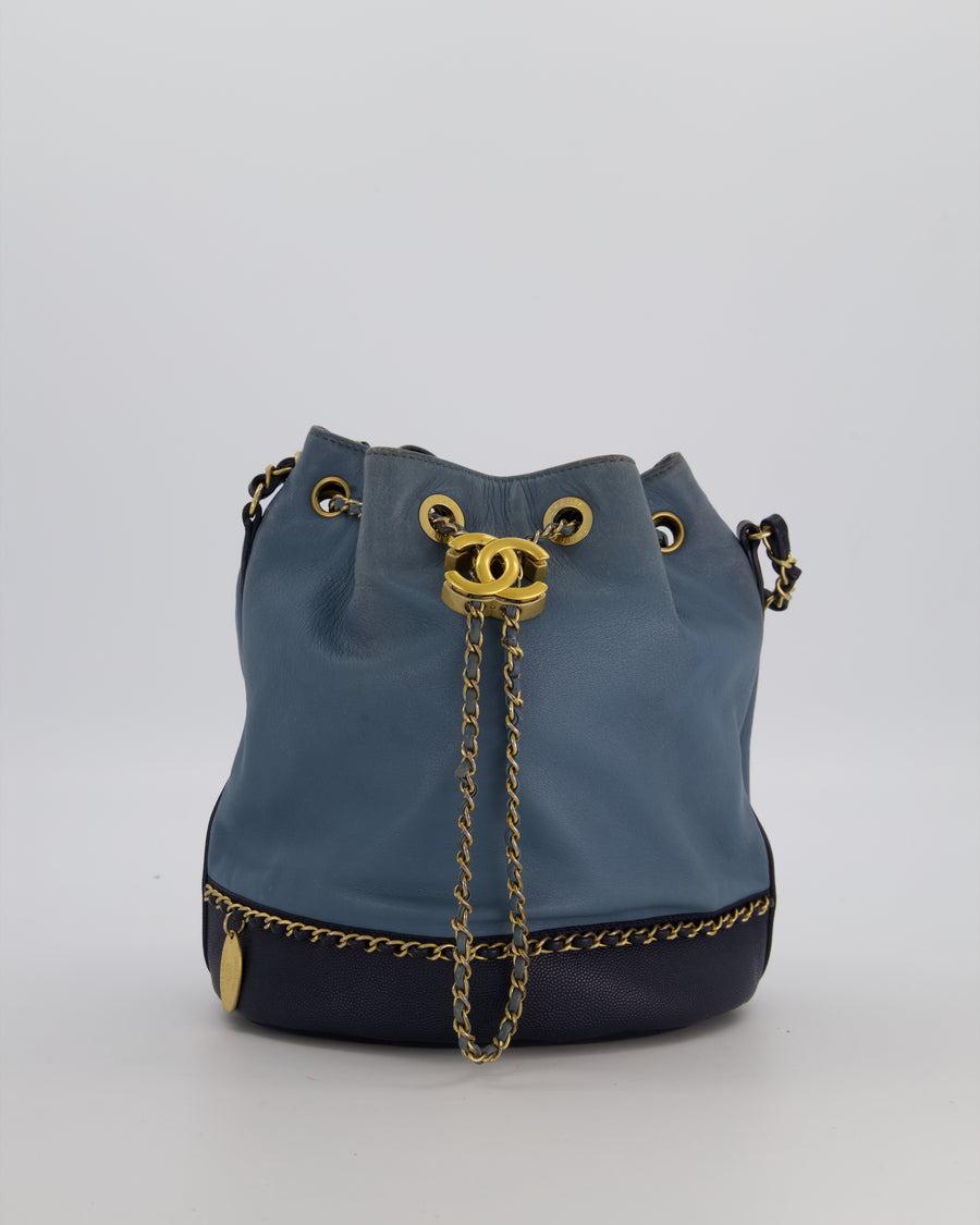 Chanel Sky Blue & Navy Drawstring Bucket Bag in Lambskin Leather with Brushed Gold Hardware & CC Detail