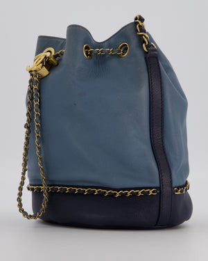Chanel Sky Blue & Navy Drawstring Bucket Bag in Lambskin Leather with Brushed Gold Hardware & CC Detail