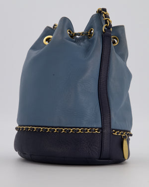 Chanel Sky Blue & Navy Drawstring Bucket Bag in Lambskin Leather with Brushed Gold Hardware & CC Detail