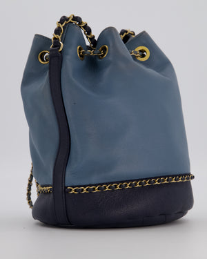 Chanel Sky Blue & Navy Drawstring Bucket Bag in Lambskin Leather with Brushed Gold Hardware & CC Detail