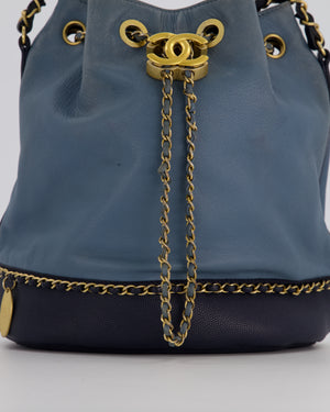 Chanel Sky Blue & Navy Drawstring Bucket Bag in Lambskin Leather with Brushed Gold Hardware & CC Detail