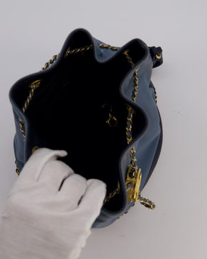 Chanel Sky Blue & Navy Drawstring Bucket Bag in Lambskin Leather with Brushed Gold Hardware & CC Detail