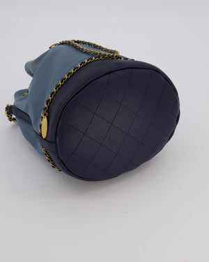 Chanel Sky Blue & Navy Drawstring Bucket Bag in Lambskin Leather with Brushed Gold Hardware & CC Detail