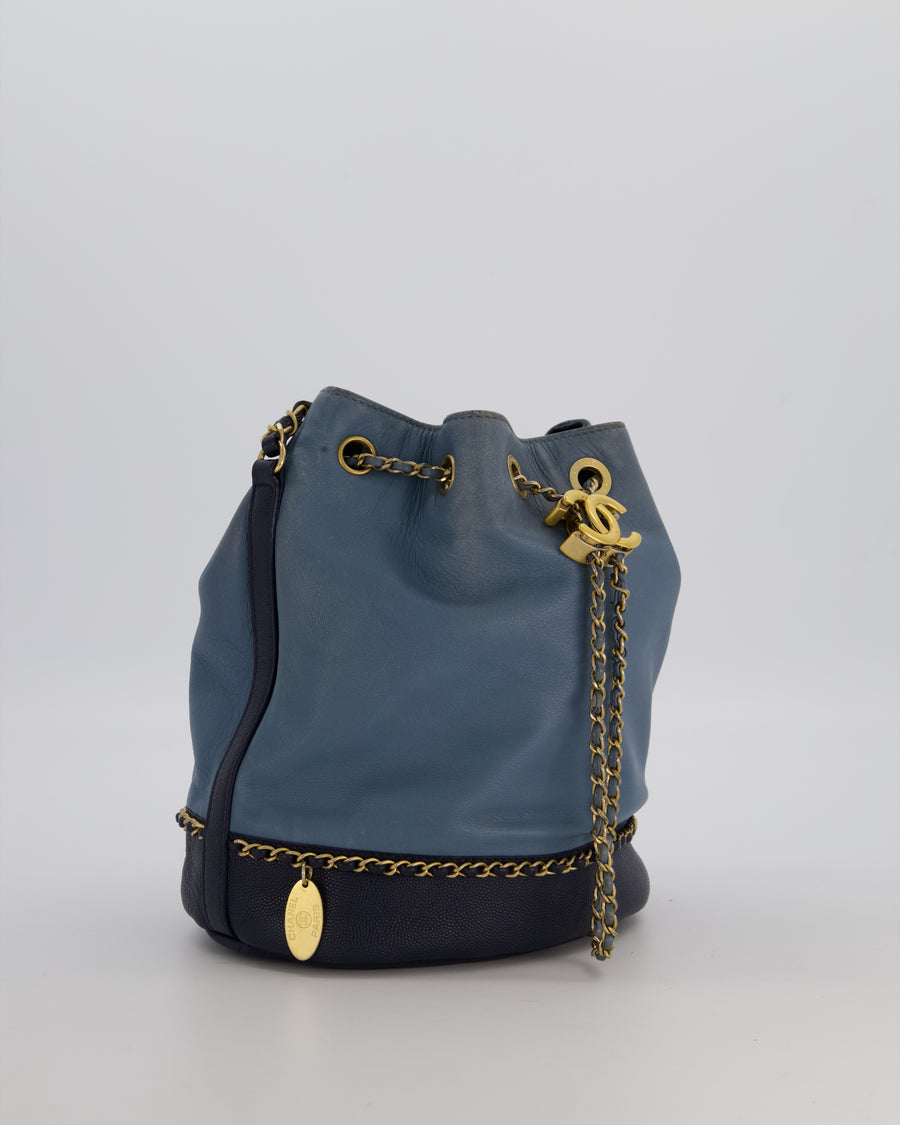 Chanel Sky Blue & Navy Drawstring Bucket Bag in Lambskin Leather with Brushed Gold Hardware & CC Detail