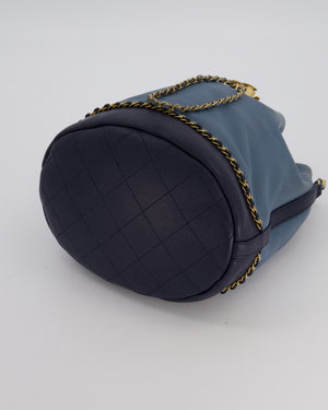 Chanel Sky Blue & Navy Drawstring Bucket Bag in Lambskin Leather with Brushed Gold Hardware & CC Detail