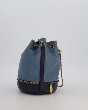 Chanel Sky Blue & Navy Drawstring Bucket Bag in Lambskin Leather with Brushed Gold Hardware & CC Detail