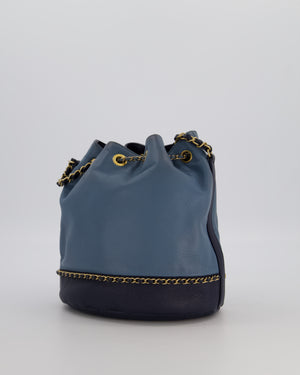 Chanel Sky Blue & Navy Drawstring Bucket Bag in Lambskin Leather with Brushed Gold Hardware & CC Detail