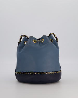 Chanel Sky Blue & Navy Drawstring Bucket Bag in Lambskin Leather with Brushed Gold Hardware & CC Detail