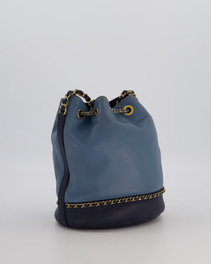 Chanel Sky Blue & Navy Drawstring Bucket Bag in Lambskin Leather with Brushed Gold Hardware & CC Detail
