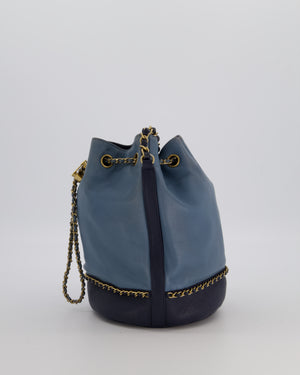Chanel Sky Blue & Navy Drawstring Bucket Bag in Lambskin Leather with Brushed Gold Hardware & CC Detail