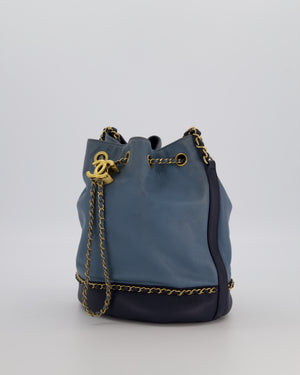 Chanel Sky Blue & Navy Drawstring Bucket Bag in Lambskin Leather with Brushed Gold Hardware & CC Detail