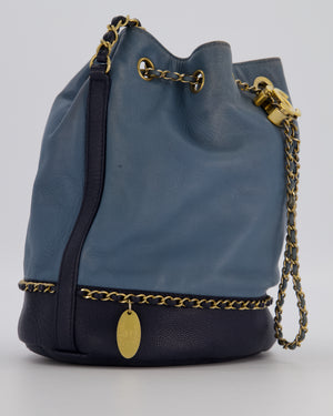 Chanel Sky Blue & Navy Drawstring Bucket Bag in Lambskin Leather with Brushed Gold Hardware & CC Detail